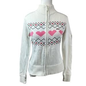 VTG Y2K Le Tigre White Pink Heart Cardigan Full Zip Girls Large Women’s Small
